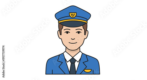 Professional Male Pilot Avatar in Blue Uniform and Cap.