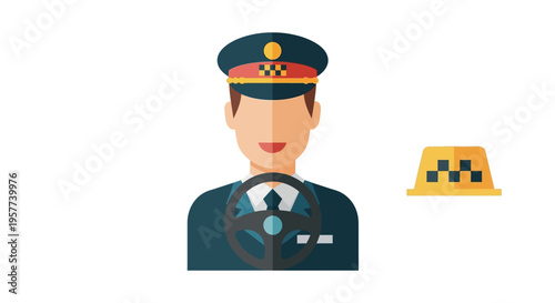 Professional taxi driver avatar in uniform with steering wheel.