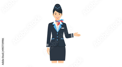 Professional air hostess in uniform presenting with a welcoming gesture.