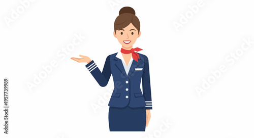 Friendly Flight Attendant Welcoming Passengers with Open Hand Gesture.