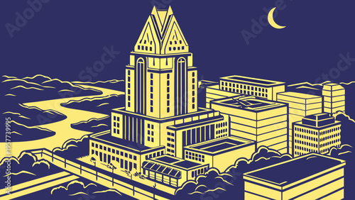 Iconic Downtown Skyscraper Overlooking Winding River and Cityscape Under a Night Sky austin skyline vector