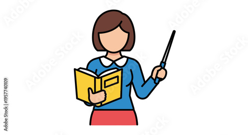 Female teacher holding a book and pointer stick ready to educate.