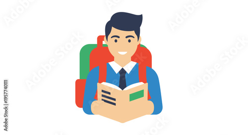 Smiling male student with backpack reading a book.