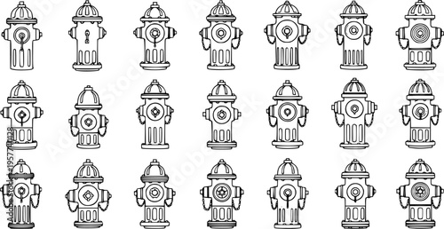 Fire Hydrant Collection: Black and White Outlines Set, Vector Illustration