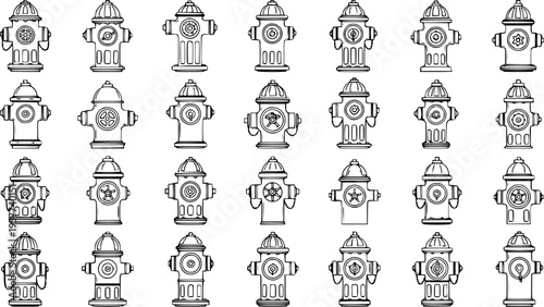 Collection of 35 diverse fire hydrant vector outlines. Set of black and white line art icons and symbols, illustrating various styles for emergency and urban design projects.