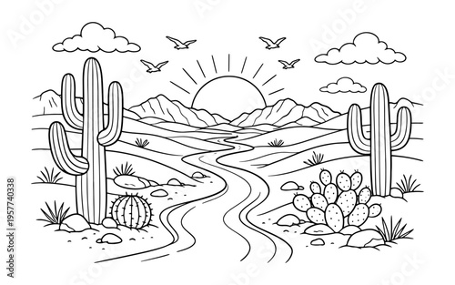 Stylized desert landscape with saguaro cacti, mountains, and a winding road at sunrise