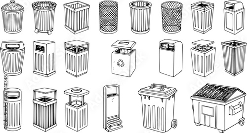 Detailed hand-drawn line art set of diverse trash cans, waste bins, and recycling containers, showcasing various designs and styles for waste management.
