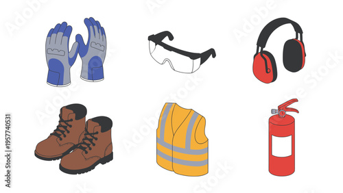 Isometric Personal Protective Equipment (PPE) & Safety Tools Set. Workwear, Fire Extinguisher, Gloves, Glasses, Ear Protection, Boots, Vest.