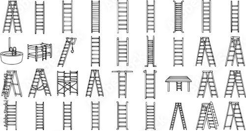 Detailed black and white vector set illustrating a wide variety of ladder types and climbing equipment, including step ladders, straight ladders, scaffolding, and pool steps.