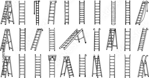 Hand-drawn collection of various types of ladders and stepladders, a set of isolated monochrome sketches representing equipment for construction, repair, and access.