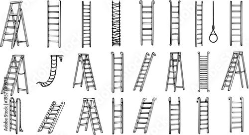 Various Types of Ladders and Ropes Hand-Drawn Sketch Illustration Set. Collection of Step, Straight, Rope, and A-Frame Ladders in Different Styles.