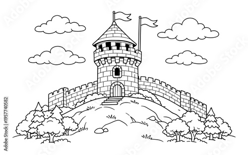 Whimsical castle tower with flags and clouds on a grassy hill