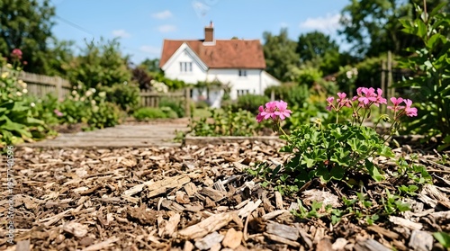 Charming English Countryside Cottage with Lush Garden and Wood Chip Path on a Sunny Day.