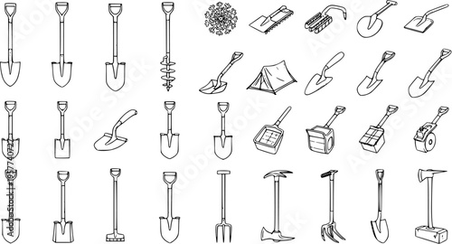 Garden and Outdoor Tools Line Art Collection: Extensive Set of Hand-Drawn Vector Icons Featuring Various Shovels, Spades, Picks, Forks, Axe, Scoops, and a Camping Tent.