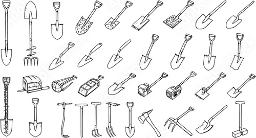 Hand-drawn sketch collection of various digging, gardening, and construction tools including shovels, spades, forks, axes, and other manual implements.