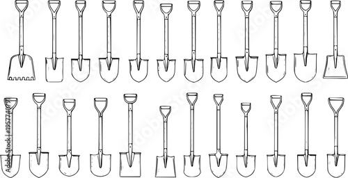 Detailed line art illustration set featuring various types of shovels and spades for gardening, construction, agriculture, and general digging work.