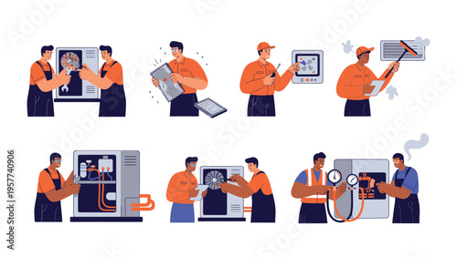 HVAC Service Process: Technicians Repairing and Maintaining Air Conditioning Units