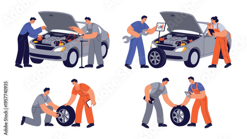 Professional car mechanics repairing vehicles. Auto service workers performing engine diagnostics, tire changes & maintenance.