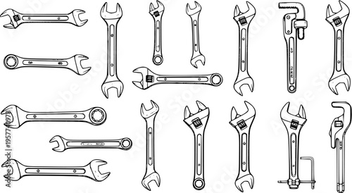 Detailed Line Art Set of Various Wrenches and Spanners, including Adjustable, Pipe, Combination, and Box-End Tools. Hand-drawn outlines for Mechanics and Repair.