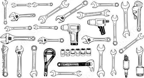 Hand-Drawn Mechanics Tool Set Illustration: Variety of Wrenches, Spanners, Adjustable Wrenches, Sockets, Impact Wrench, and Drill for Workshop and Auto Repair.