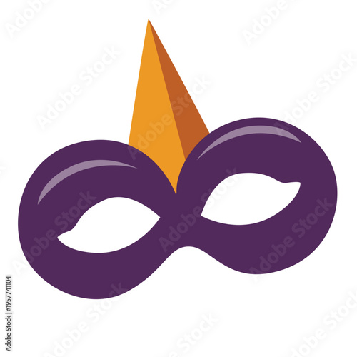 Purple masquerade mask with orange cone, celebration costume, festive party, masquerade event, decorative accessory, joyful occasion, and elegant celebration icon.
