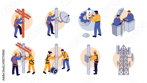 Telecommunication & Electrical Infrastructure Installation and Maintenance: Utility Workers, Network Setup & Repair Isometric Vector Set