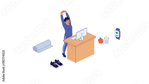 Isometric illustration of person stretching at a desk, promoting workplace wellness, health, and active lifestyle with fitness accessories