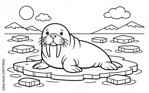 Cute cartoon walrus with tusks resting on an ice floe in the Arctic ocean