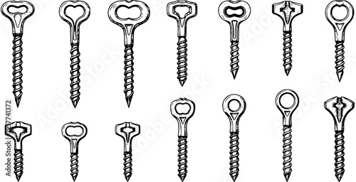 Screw-in Anchor Set: Vintage Style Hand Drawn Black and White Illustration