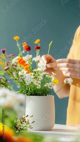 Arranging vibrant spring flowers in white vase on bright sunny day