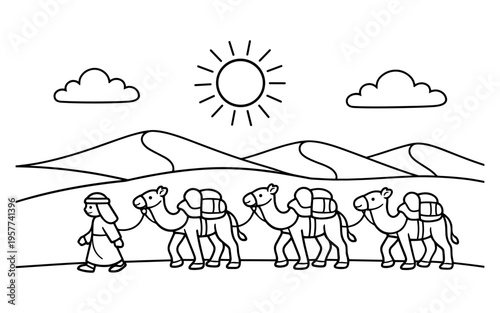 Caravan of camels walking through desert dunes under a bright sun