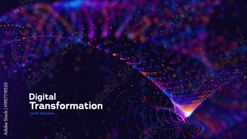 Digital Transformation Abstract Background With Glowing Particle Funnel And Data Flow Waves. Futuristic Technology Big Data Visualization. Digital Transformations And Data Streams. Vector Illustration