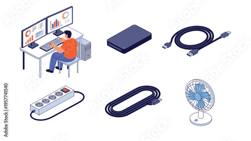 Isometric Office & Tech Essentials: Worker with Dual Monitors, External Drive, Cables, Power Strip, and Desk Fan
