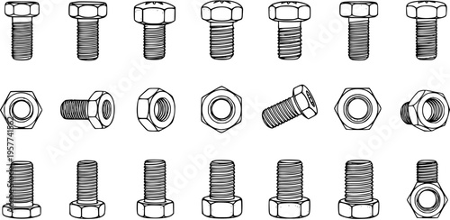 Bolt and Nut Illustration: A Set of Mechanical Fasteners in Detailed Line Art