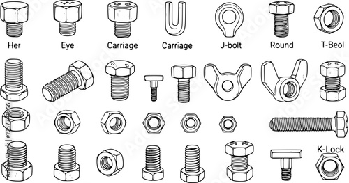 Line Art Illustration of Various Bolts, Nuts, and Fasteners Collection