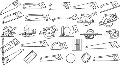 Detailed vector line art collection of various woodworking saws and carpentry tools, featuring a wide range of hand saws (panel, coping, bow) and power saws (circular, jigsaw, miter).