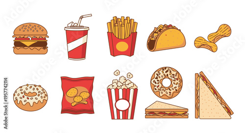 Variety of junk food items displayed.