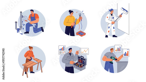 Modern Skilled Trades & Technical Professions Illustrations Set