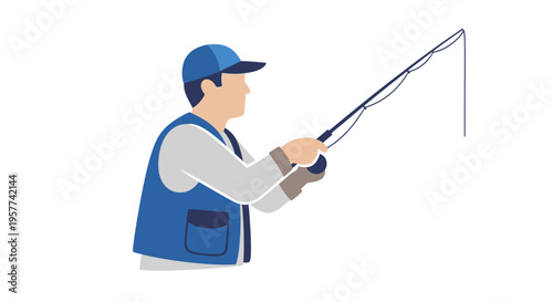Man fishing with a rod and reel in a blue vest and cap.