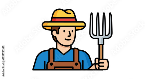 Smiling Farmer with Pitchfork Icon Illustration.