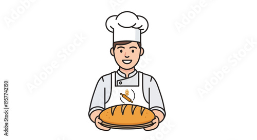 Smiling male baker holding a freshly baked loaf of bread.