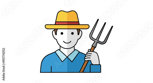Smiling Farmer with Pitchfork Icon.
