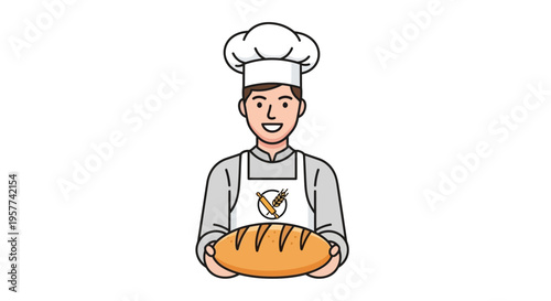 Smiling male baker holding a freshly baked loaf of bread.