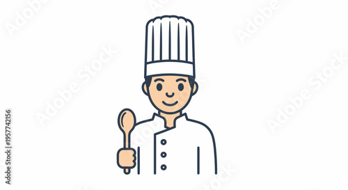 Smiling Chef with Toque and Spoon in Hand.