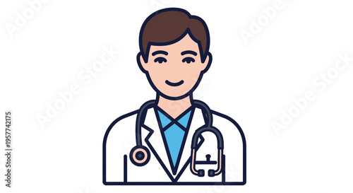 Smiling male doctor in lab coat with stethoscope.