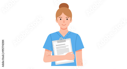 Smiling Female Nurse Holding Clipboard with Medical Document.