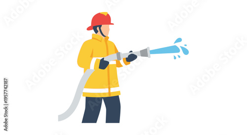 Firefighter in protective gear holding a hose and spraying water.