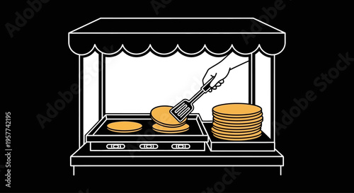 Chef preparing pancakes on a griddle at a food stall.