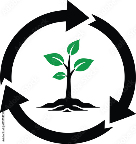 Green plant sapling growing from soil with black circular arrows, symbolizing sustainable growth and recycling vector