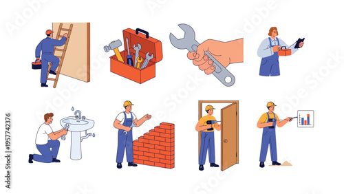 Handyman and Construction Workers Flat Vector Set with Tools and Repair Tasks